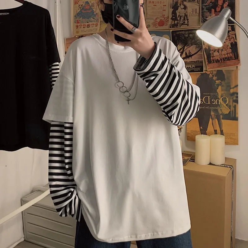 Aidase  Long Sleeve Fake Two-piece T Shirt Striped Big Shirts Men Clothing Men Fashion  New Oversized Tees Clothes Tshirt