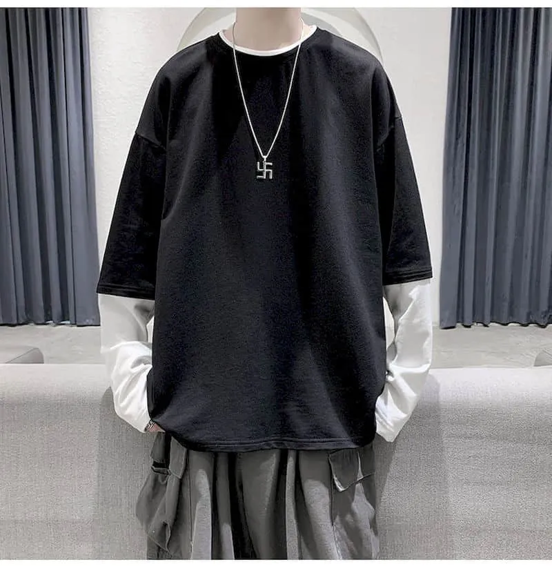 Aidase  Long Sleeve Fake Two-piece T Shirt Striped Big Shirts Men Clothing Men Fashion  New Oversized Tees Clothes Tshirt