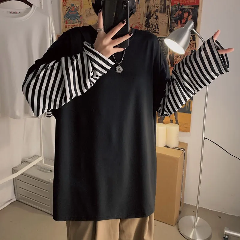 Aidase  Long Sleeve Fake Two-piece T Shirt Striped Big Shirts Men Clothing Men Fashion  New Oversized Tees Clothes Tshirt