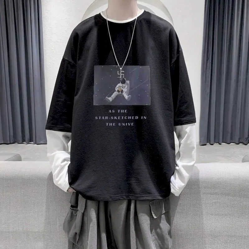 Aidase  Long Sleeve Fake Two-piece T Shirt Striped Big Shirts Men Clothing Men Fashion  New Oversized Tees Clothes Tshirt