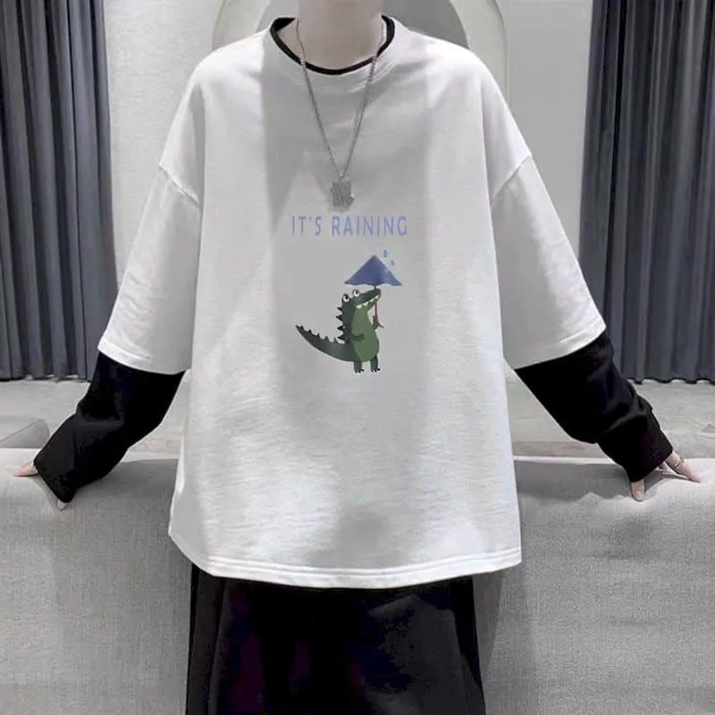 Aidase  Long Sleeve Fake Two-piece T Shirt Striped Big Shirts Men Clothing Men Fashion  New Oversized Tees Clothes Tshirt