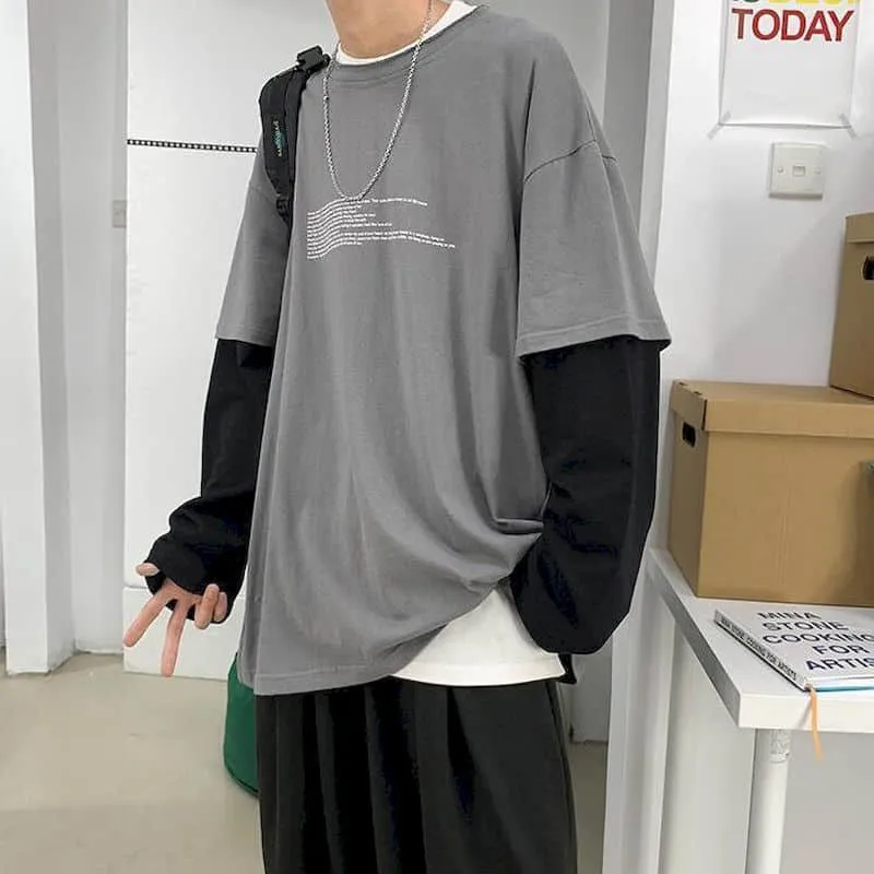Aidase  Long Sleeve Fake Two-piece T Shirt Striped Big Shirts Men Clothing Men Fashion  New Oversized Tees Clothes Tshirt