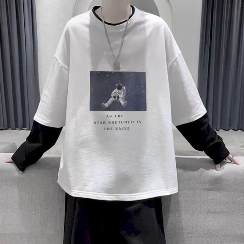 Aidase  Long Sleeve Fake Two-piece T Shirt Striped Big Shirts Men Clothing Men Fashion  New Oversized Tees Clothes Tshirt
