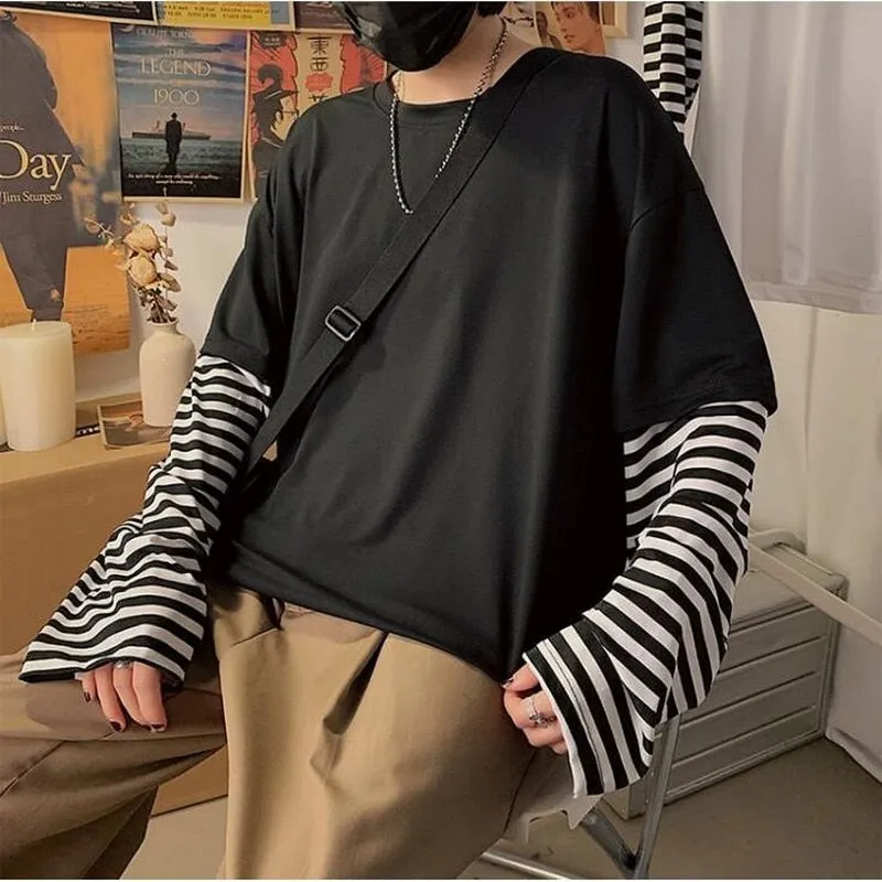 Aidase  Long Sleeve Fake Two-piece T Shirt Striped Big Shirts Men Clothing Men Fashion  New Oversized Tees Clothes Tshirt