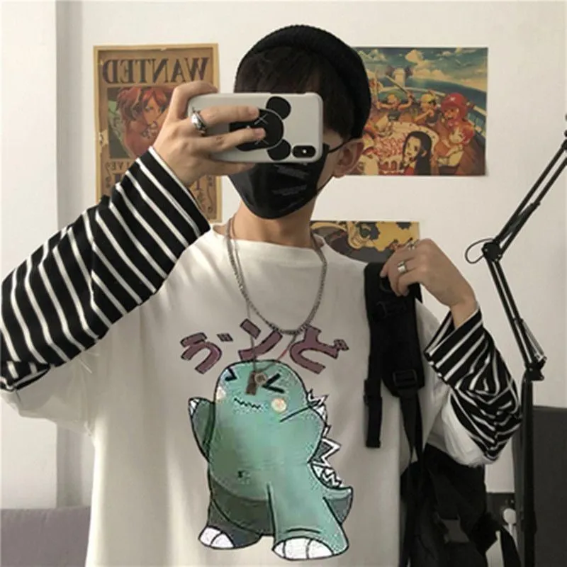 Aidase  Long Sleeve Fake Two-piece T Shirt Striped Big Shirts Men Clothing Men Fashion  New Oversized Tees Clothes Tshirt