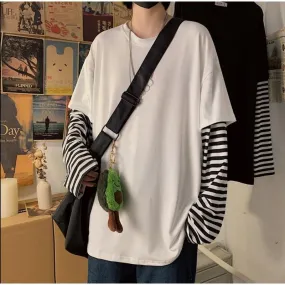 Aidase  Long Sleeve Fake Two-piece T Shirt Striped Big Shirts Men Clothing Men Fashion  New Oversized Tees Clothes Tshirt