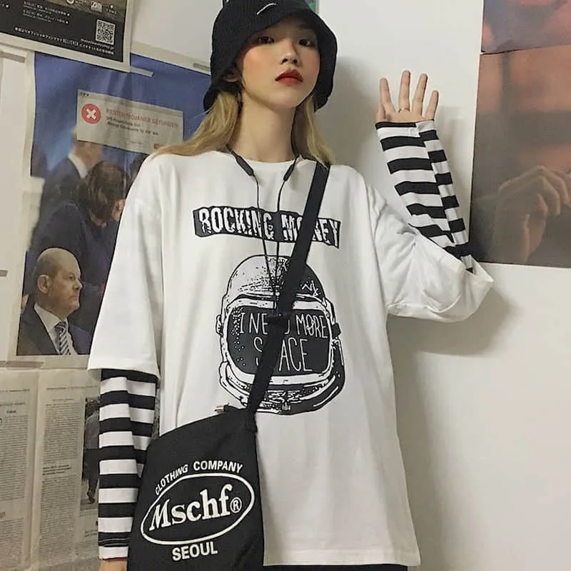 Aidase  Long Sleeve Fake Two-piece T Shirt Striped Big Shirts Men Clothing Men Fashion  New Oversized Tees Clothes Tshirt