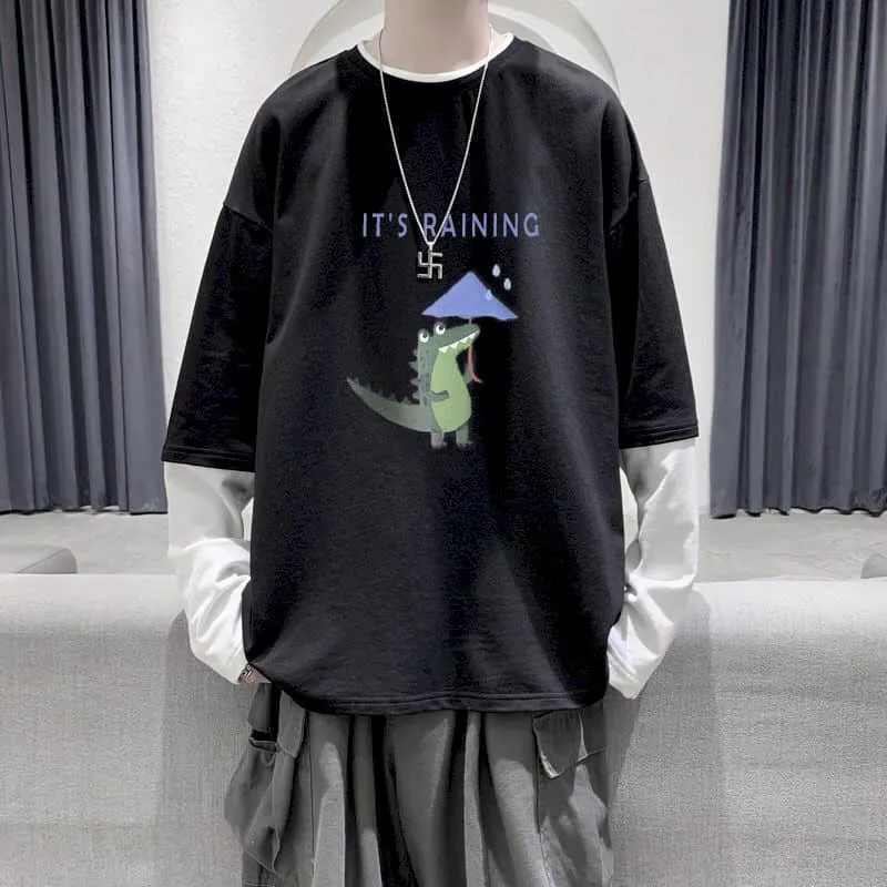Aidase  Long Sleeve Fake Two-piece T Shirt Striped Big Shirts Men Clothing Men Fashion  New Oversized Tees Clothes Tshirt