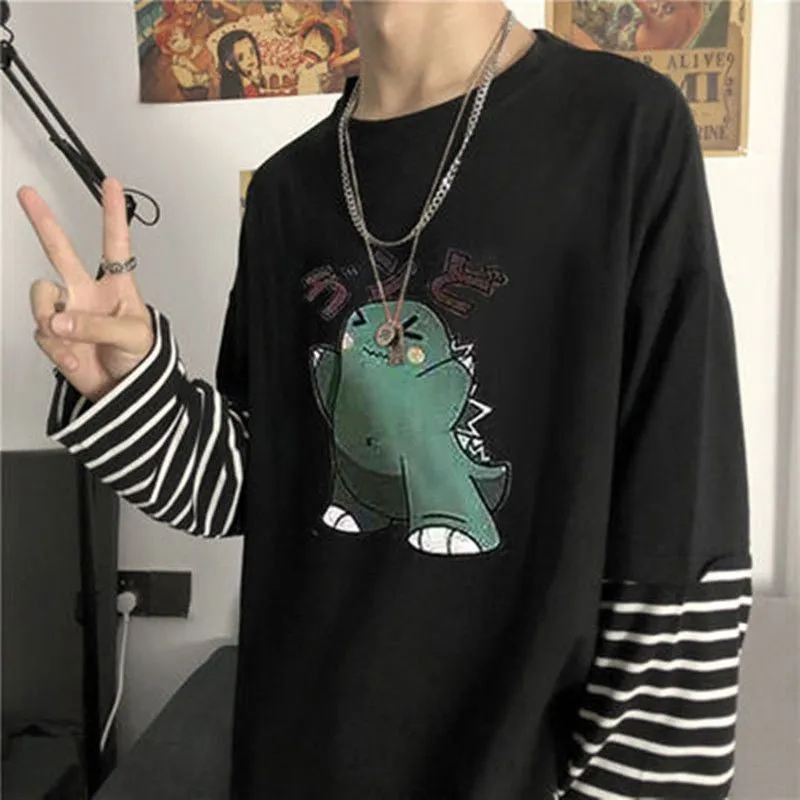 Aidase  Long Sleeve Fake Two-piece T Shirt Striped Big Shirts Men Clothing Men Fashion  New Oversized Tees Clothes Tshirt