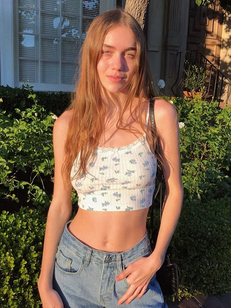 Amozae- Floral Printed Kintted Spaghetti Strap Top Women White Cute Casual Sleeveless Camis Tops Tees Patchwork Lace Crop Top