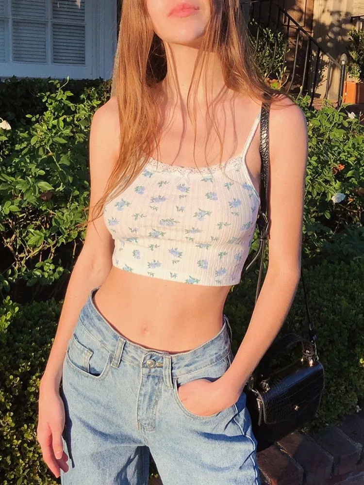 Amozae- Floral Printed Kintted Spaghetti Strap Top Women White Cute Casual Sleeveless Camis Tops Tees Patchwork Lace Crop Top