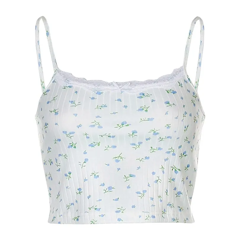 Amozae- Floral Printed Kintted Spaghetti Strap Top Women White Cute Casual Sleeveless Camis Tops Tees Patchwork Lace Crop Top