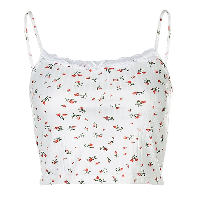 Amozae- Floral Printed Kintted Spaghetti Strap Top Women White Cute Casual Sleeveless Camis Tops Tees Patchwork Lace Crop Top
