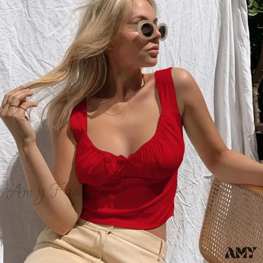 Amy Fashion - White Ruched Bow Slim Camis
