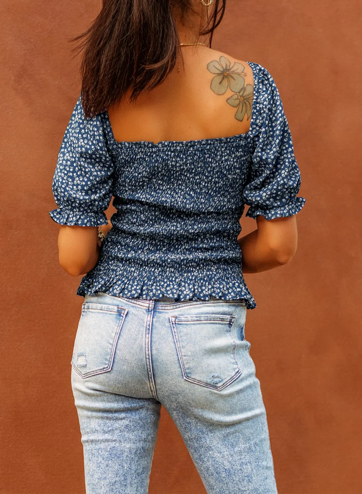 Apricot Half Sleeve Blouses for Women Puff Square Neck Tops Off The Shoulder Floral - EVALESS
