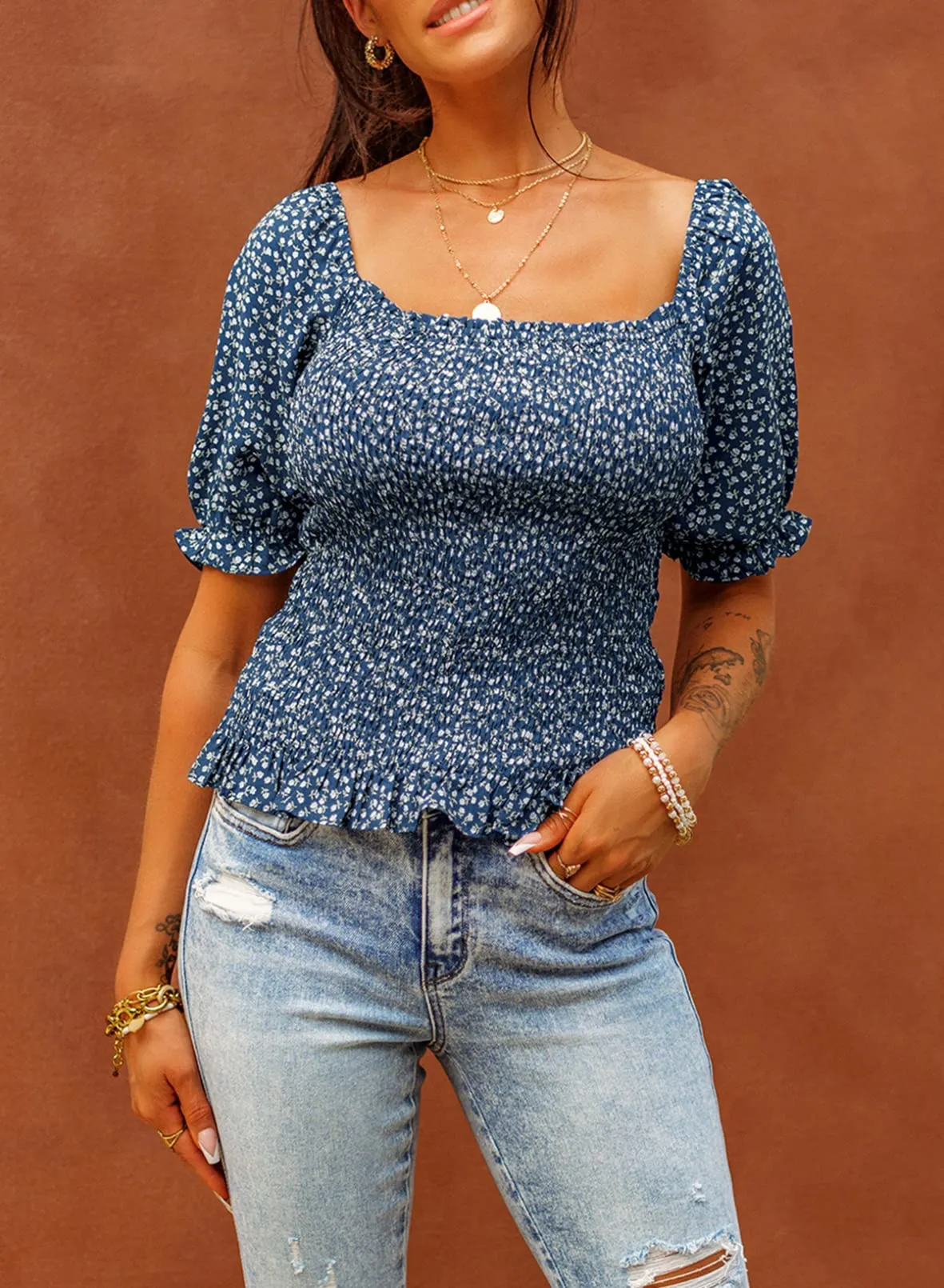 Apricot Half Sleeve Blouses for Women Puff Square Neck Tops Off The Shoulder Floral - EVALESS