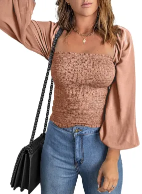 Apricot Long Sleeve Blouses for Women Puff Long Sleeve Square Neck Tops Off The Shoulder Floral - EVALESS