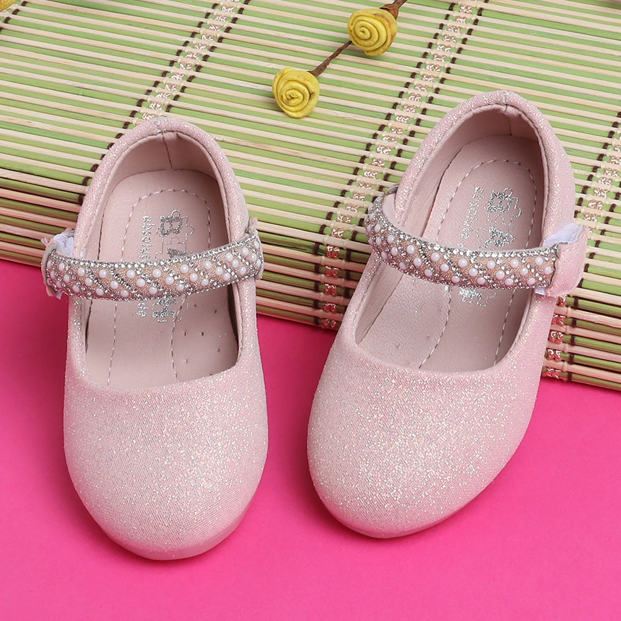 Baby Moo Glittery Pearl Embellished Mary Jane Velcro Strap Anti-Skid Ballerina Shoes - Pink