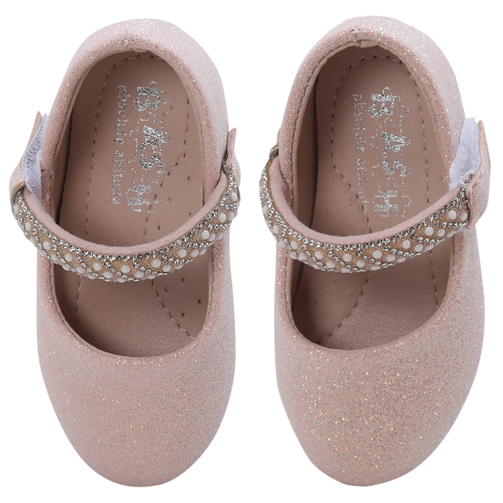 Baby Moo Glittery Pearl Embellished Mary Jane Velcro Strap Anti-Skid Ballerina Shoes - Pink