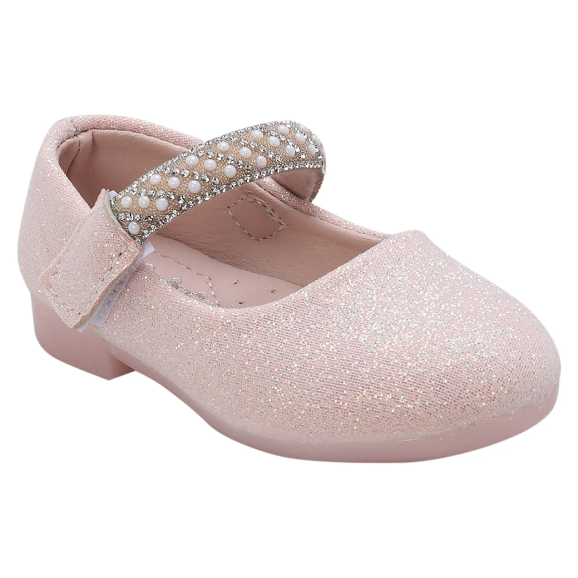 Baby Moo Glittery Pearl Embellished Mary Jane Velcro Strap Anti-Skid Ballerina Shoes - Pink