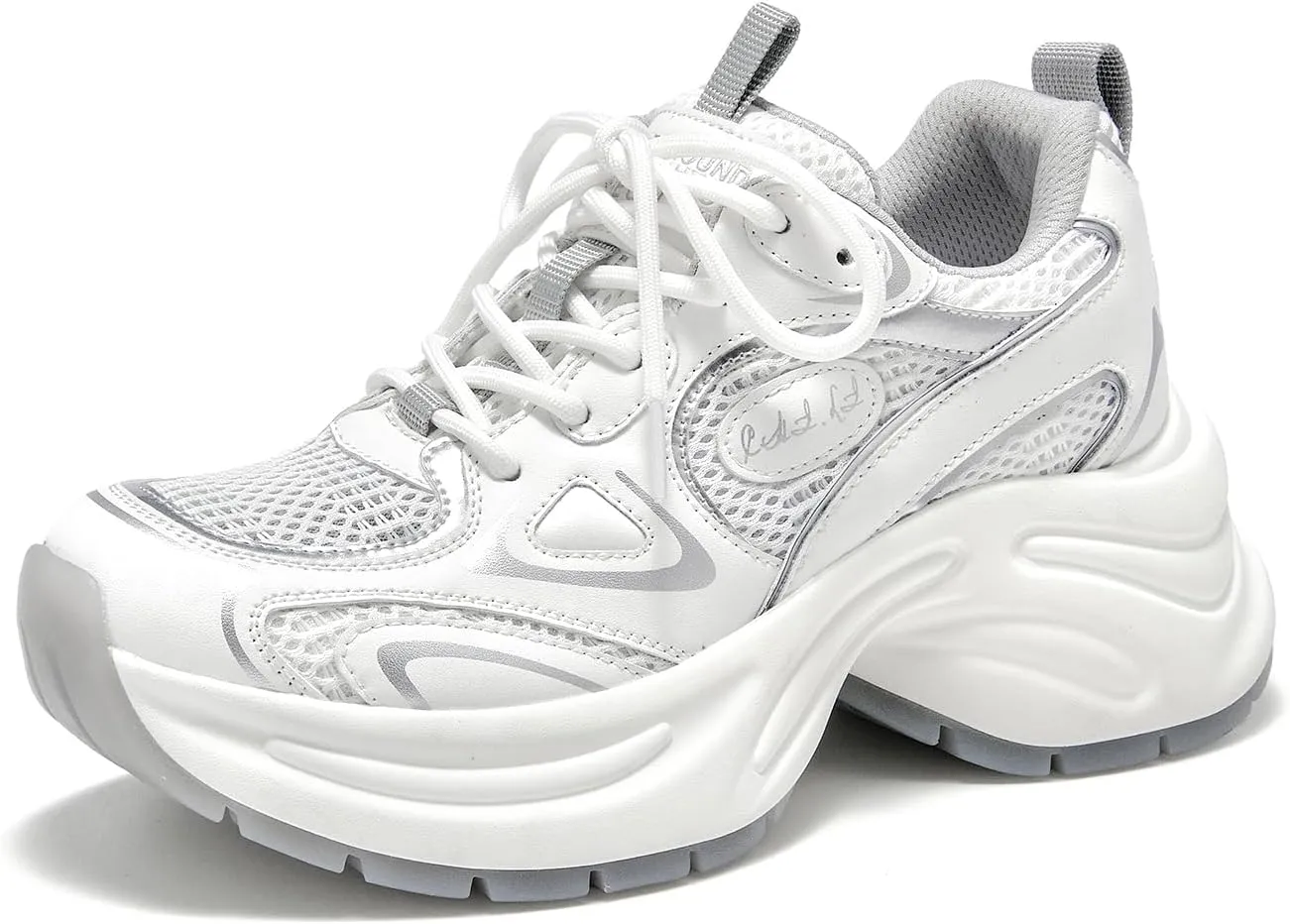 BEAU TODAY Womens Platform Fashion Sneakers, Chunky Leather Walking Shoes for Women, Casual Dress Comfortable Non-Slip Lace-up Mesh Running Gym Shoes