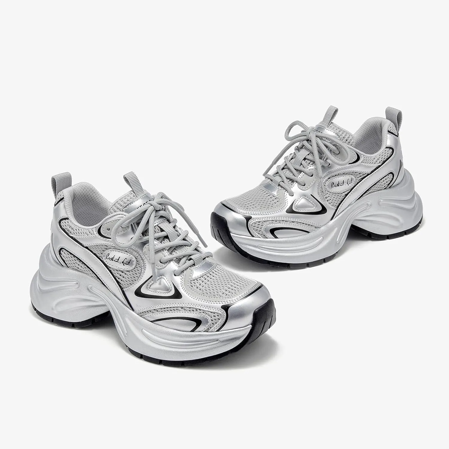 BEAU TODAY Womens Platform Fashion Sneakers, Chunky Leather Walking Shoes for Women, Casual Dress Comfortable Non-Slip Lace-up Mesh Running Gym Shoes