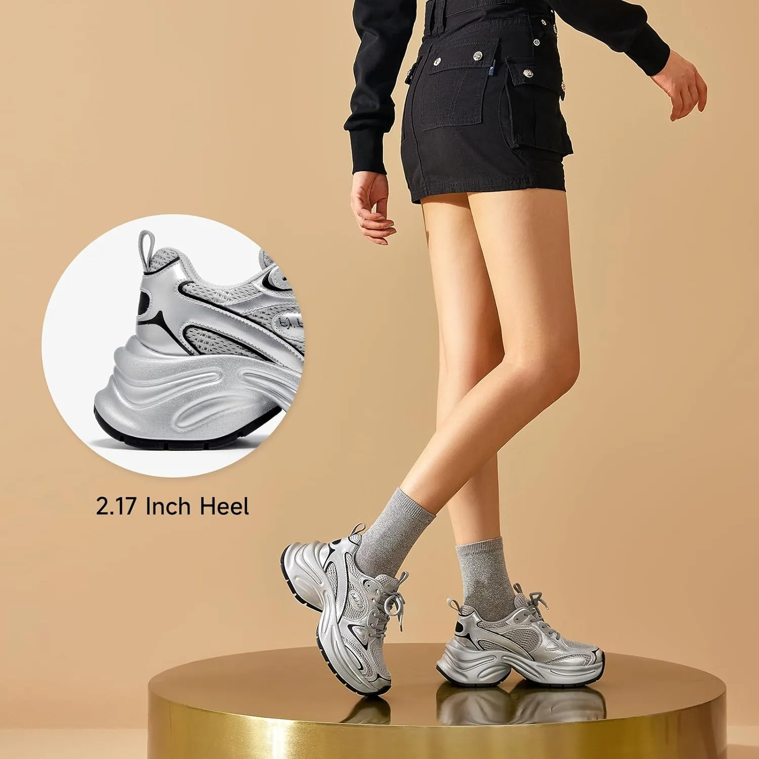 BEAU TODAY Womens Platform Fashion Sneakers, Chunky Leather Walking Shoes for Women, Casual Dress Comfortable Non-Slip Lace-up Mesh Running Gym Shoes