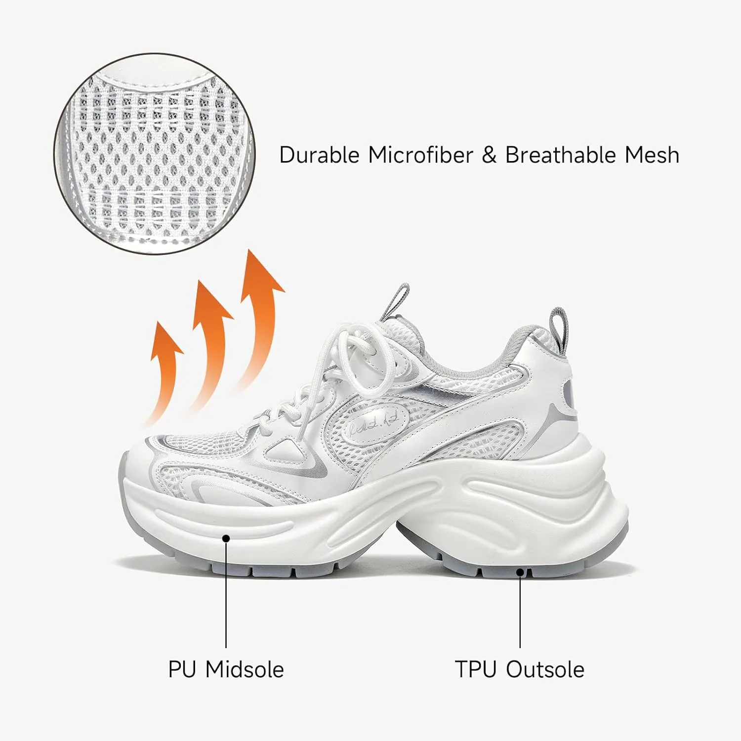 BEAU TODAY Womens Platform Fashion Sneakers, Chunky Leather Walking Shoes for Women, Casual Dress Comfortable Non-Slip Lace-up Mesh Running Gym Shoes