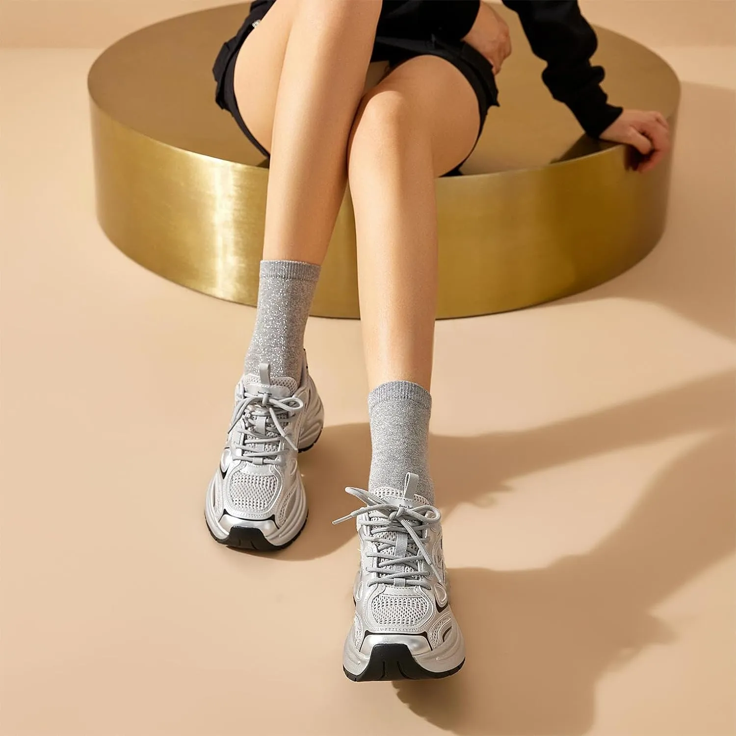 BEAU TODAY Womens Platform Fashion Sneakers, Chunky Leather Walking Shoes for Women, Casual Dress Comfortable Non-Slip Lace-up Mesh Running Gym Shoes