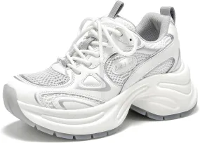 BEAU TODAY Womens Platform Fashion Sneakers, Chunky Leather Walking Shoes for Women, Casual Dress Comfortable Non-Slip Lace-up Mesh Running Gym Shoes