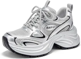 BEAU TODAY Womens Platform Fashion Sneakers, Chunky Leather Walking Shoes for Women, Casual Dress Comfortable Non-Slip Lace-up Mesh Running Gym Shoes