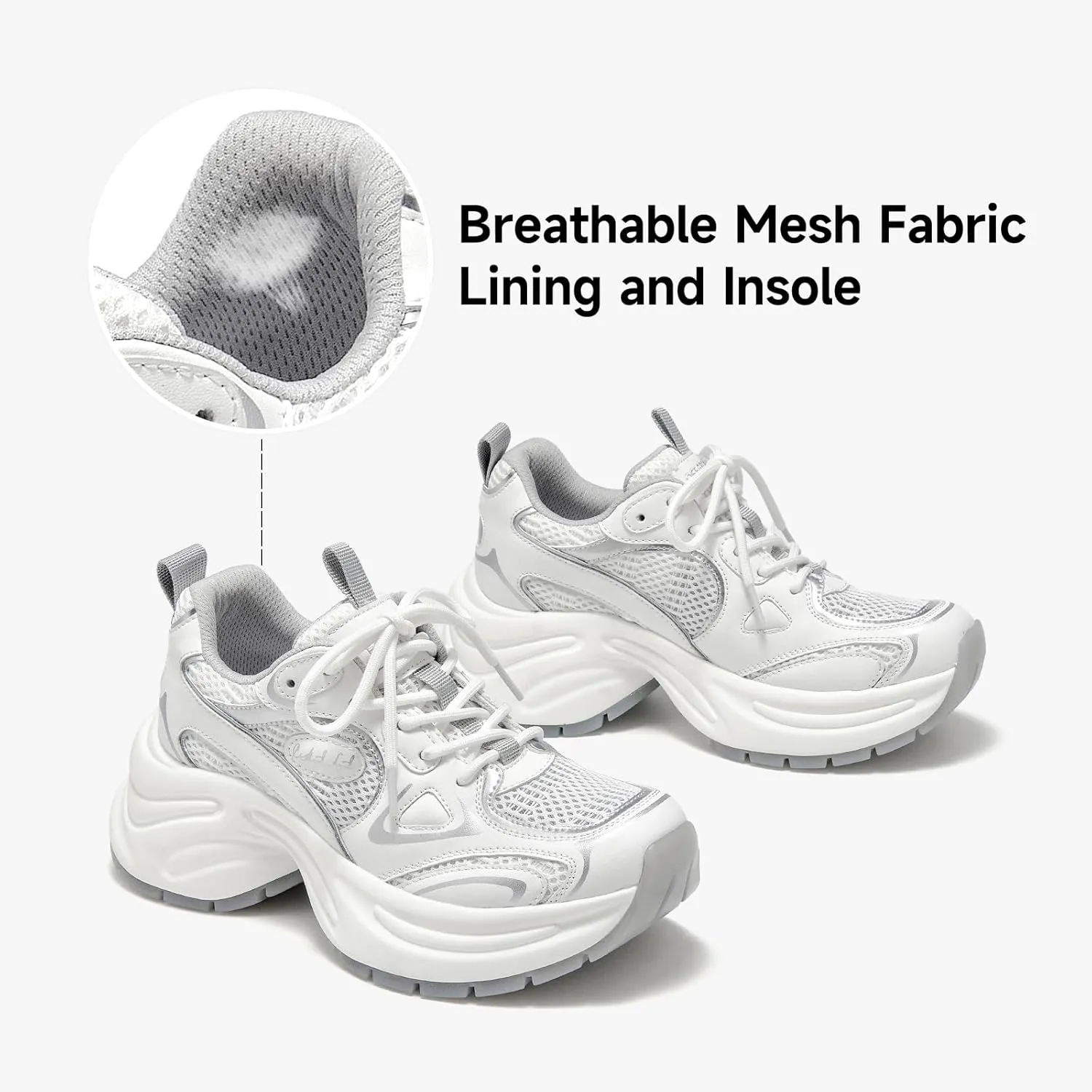 BEAU TODAY Womens Platform Fashion Sneakers, Chunky Leather Walking Shoes for Women, Casual Dress Comfortable Non-Slip Lace-up Mesh Running Gym Shoes