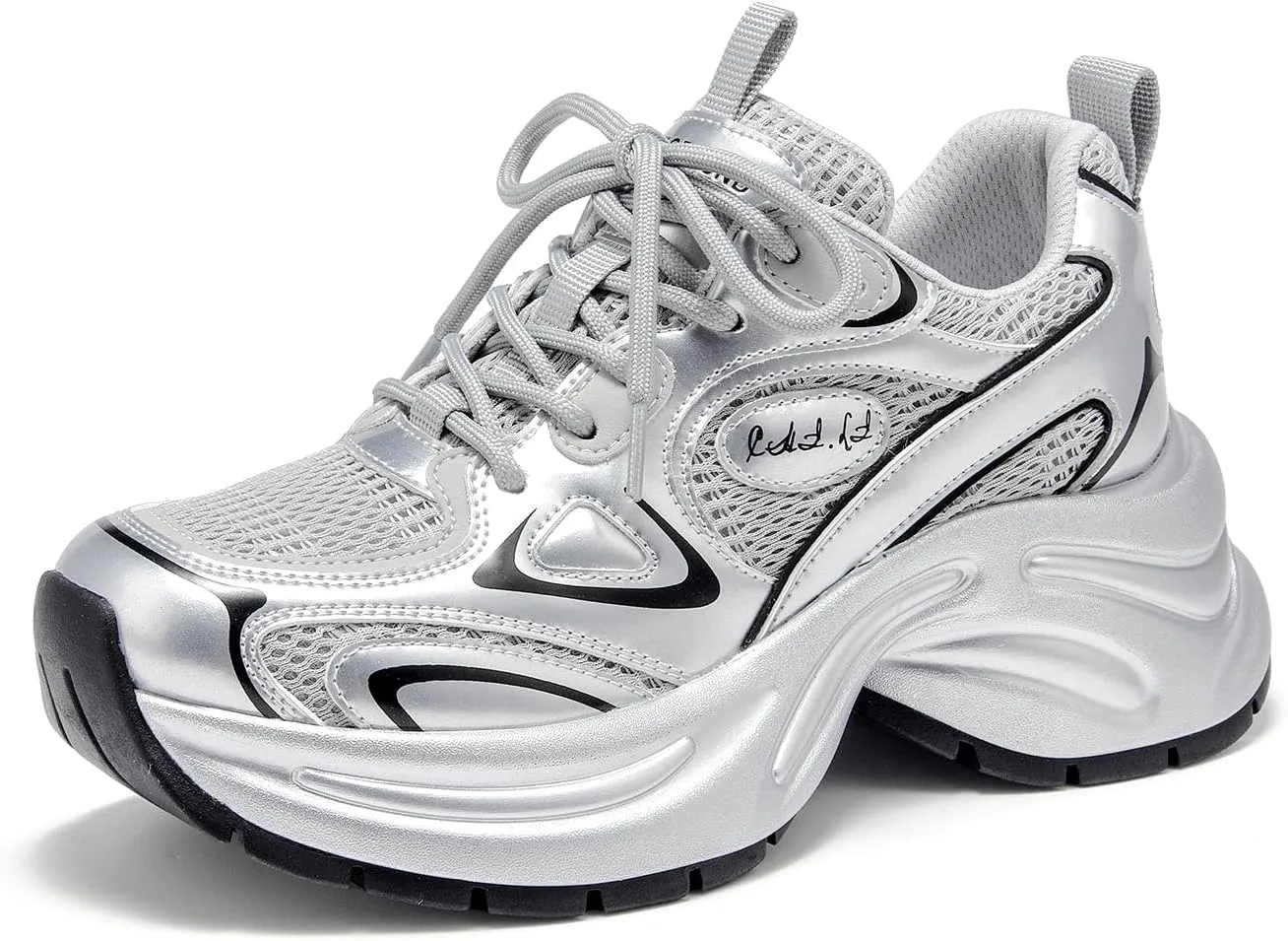 BEAU TODAY Womens Platform Fashion Sneakers, Chunky Leather Walking Shoes for Women, Casual Dress Comfortable Non-Slip Lace-up Mesh Running Gym Shoes