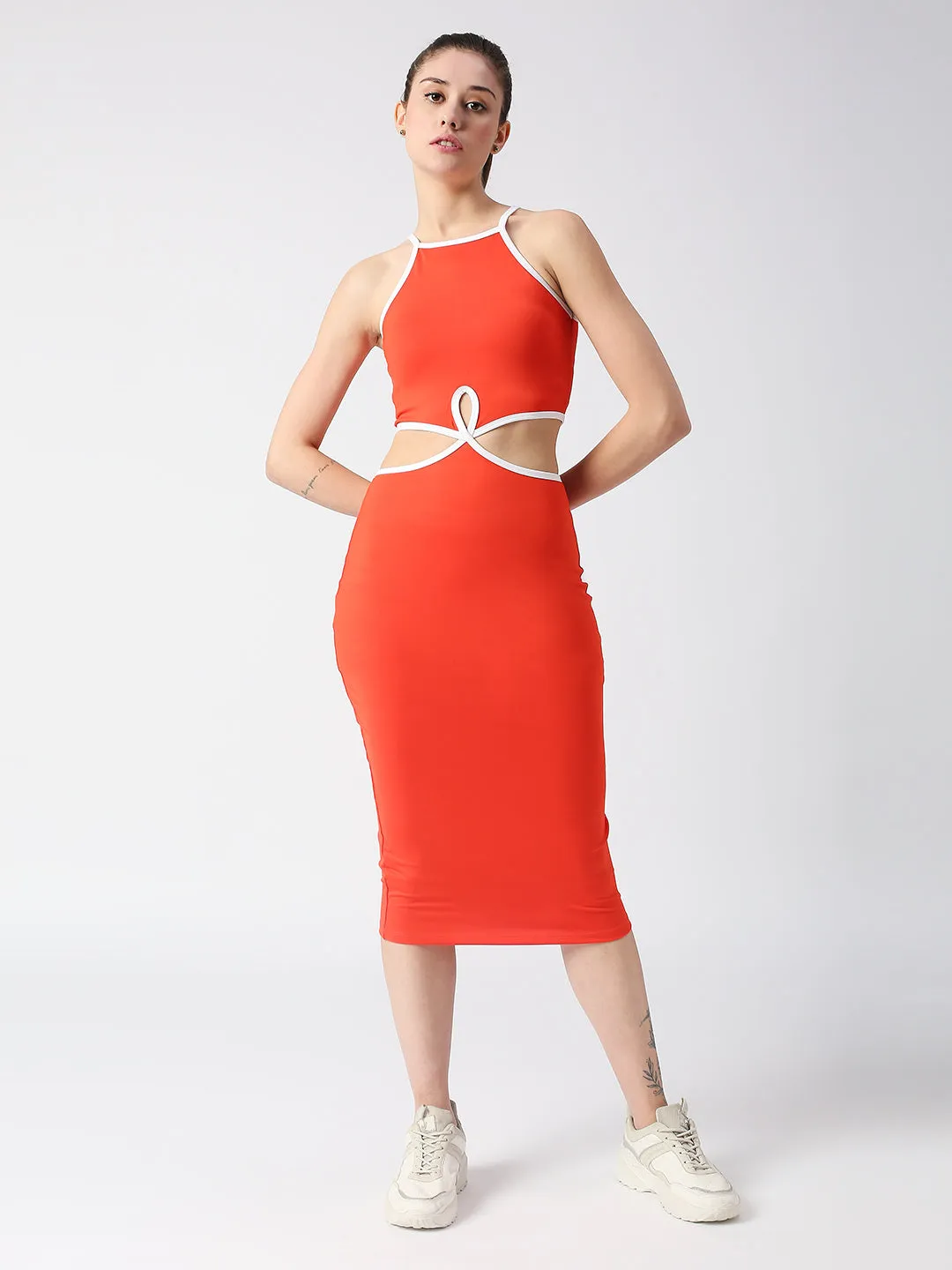 Disrupt Spaghetti neck strappy slim fit red cut-out midi dress