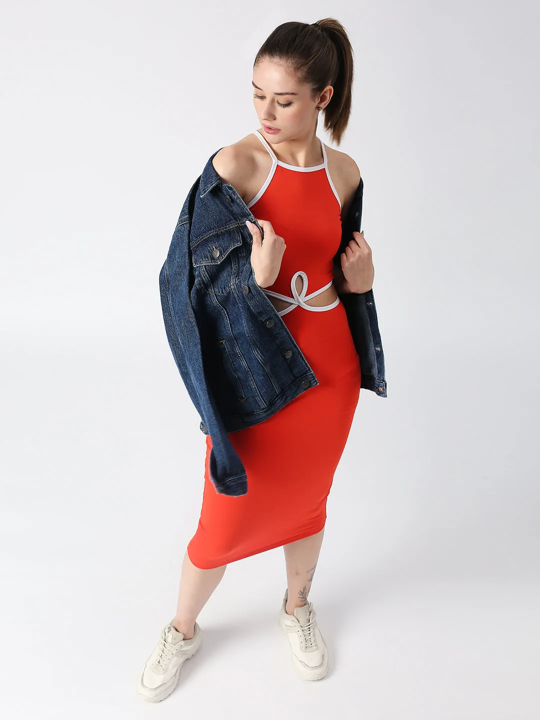 Disrupt Spaghetti neck strappy slim fit red cut-out midi dress