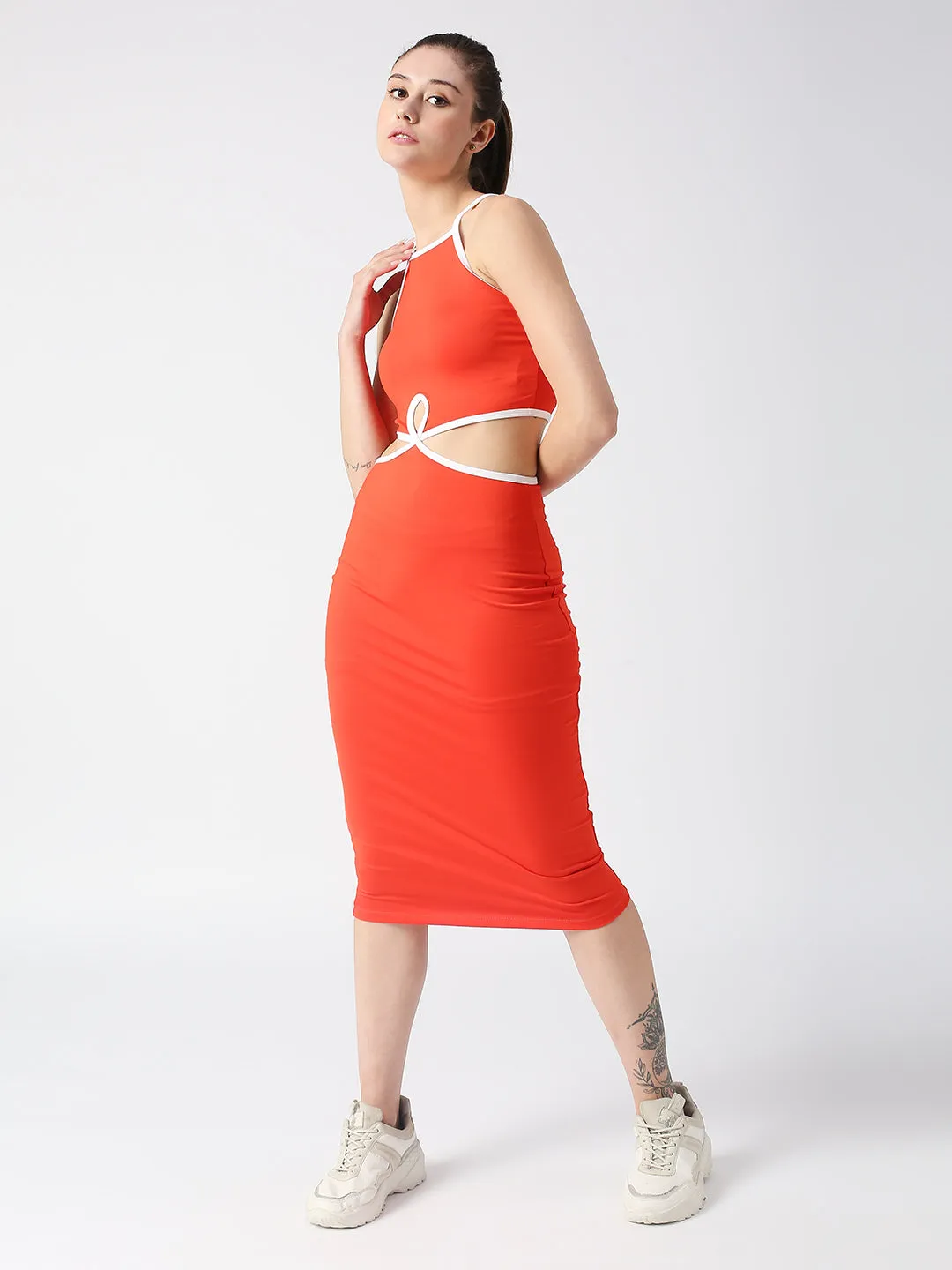Disrupt Spaghetti neck strappy slim fit red cut-out midi dress