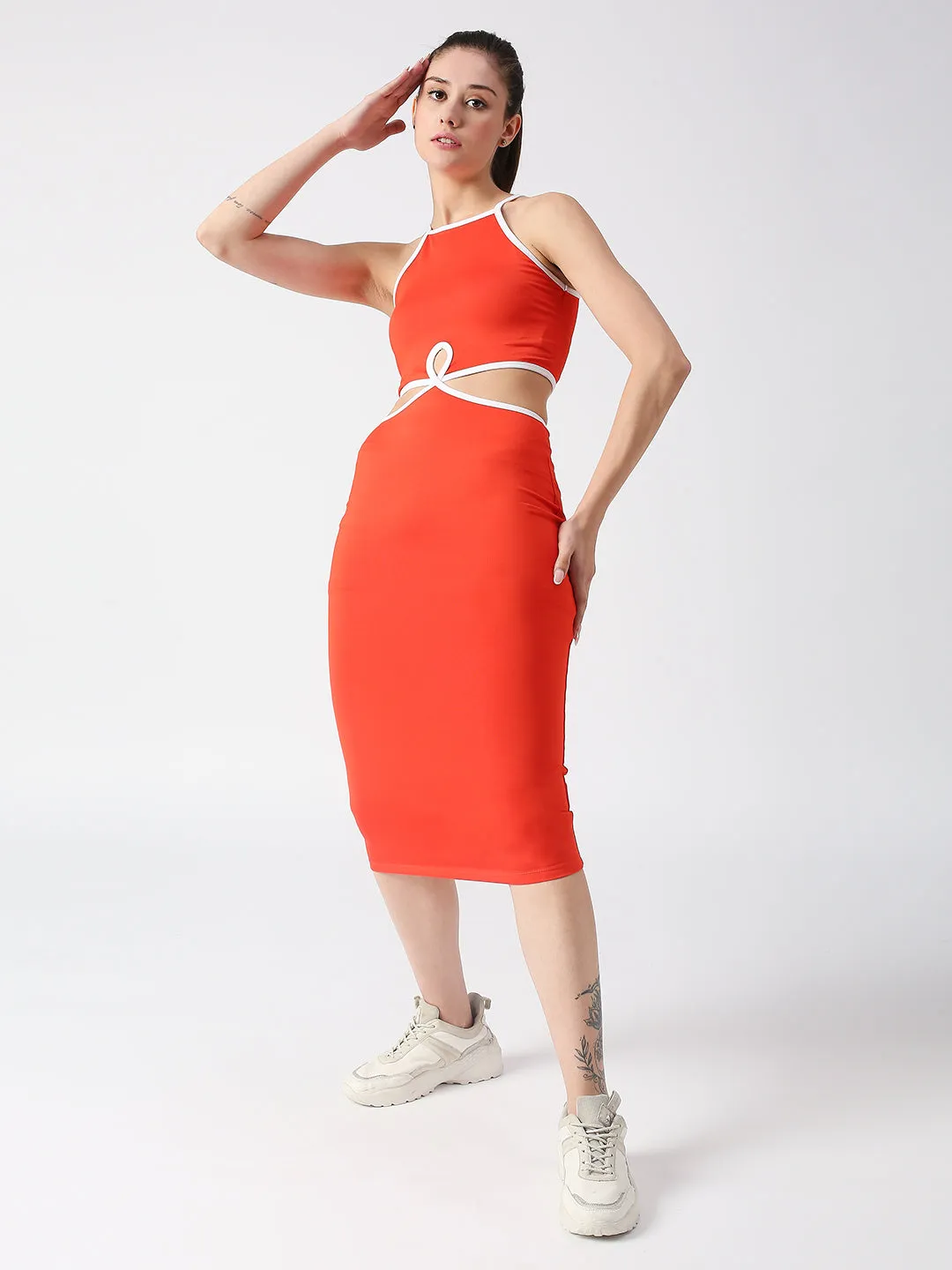 Disrupt Spaghetti neck strappy slim fit red cut-out midi dress