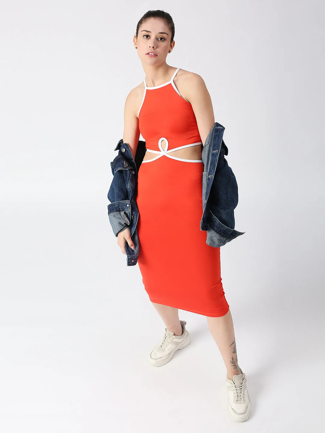 Disrupt Spaghetti neck strappy slim fit red cut-out midi dress