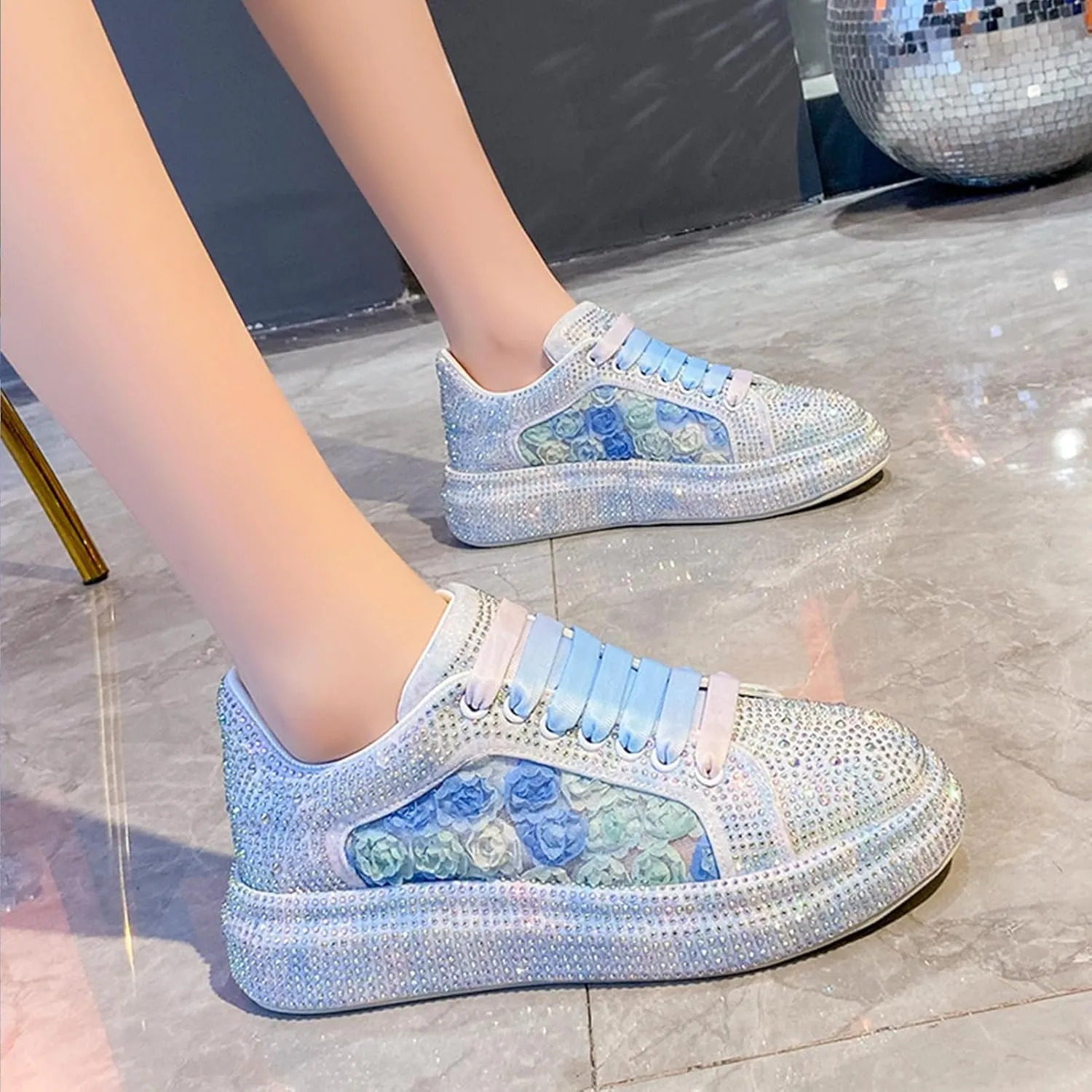 Fashion Glitter Sparkly Sneakers for Women Bling Sparkle Tennis Shoes Wedding Bridal Ladies Bride Sneakers Dressy Casual Trendy Cute Fashion Sneakers Low Top Bling Flat Loafers Snea