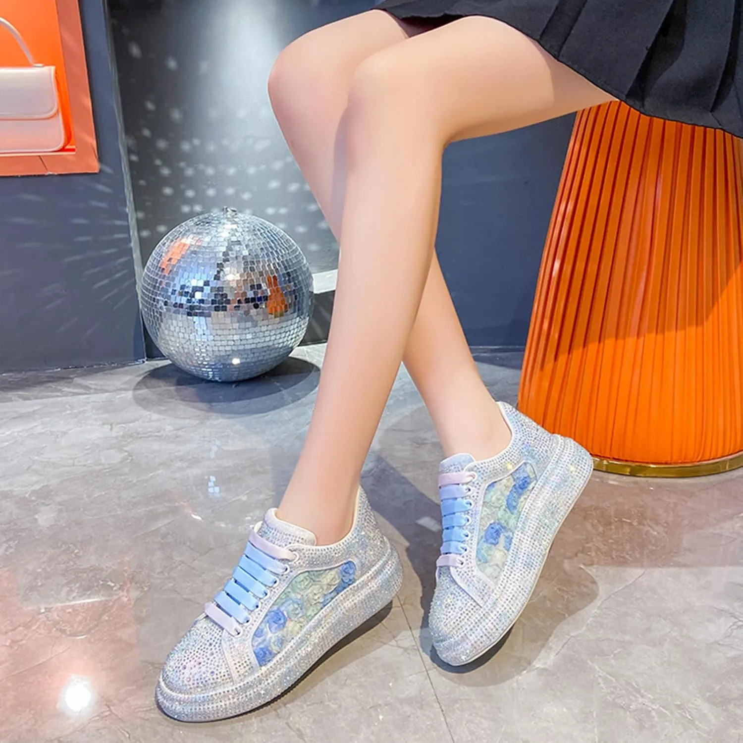 Fashion Glitter Sparkly Sneakers for Women Bling Sparkle Tennis Shoes Wedding Bridal Ladies Bride Sneakers Dressy Casual Trendy Cute Fashion Sneakers Low Top Bling Flat Loafers Snea