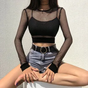 FashionSierra - Black Hollow Out Mesh Skinny New Fashion Summer Basic Fishnet Crop Tops