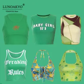 Green Camis Backless V-neck Short Tank Tops Y2K Aesthetic 90s Clothing
