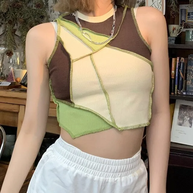 Green Camis Backless V-neck Short Tank Tops Y2K Aesthetic 90s Clothing
