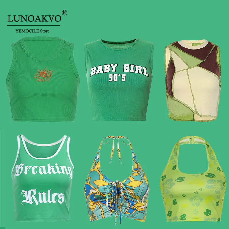 Green Camis Backless V-neck Short Tank Tops Y2K Aesthetic 90s Clothing