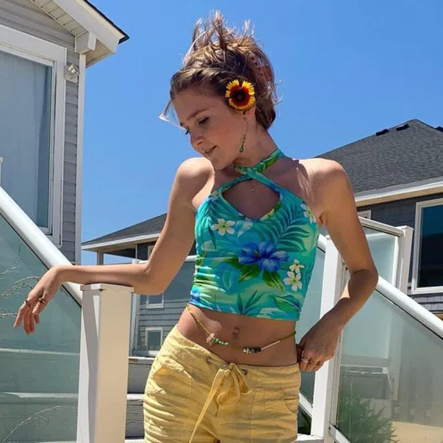 Green Camis Backless V-neck Short Tank Tops Y2K Aesthetic 90s Clothing