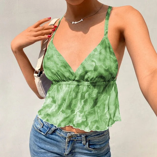 Green Camis Backless V-neck Short Tank Tops Y2K Aesthetic 90s Clothing