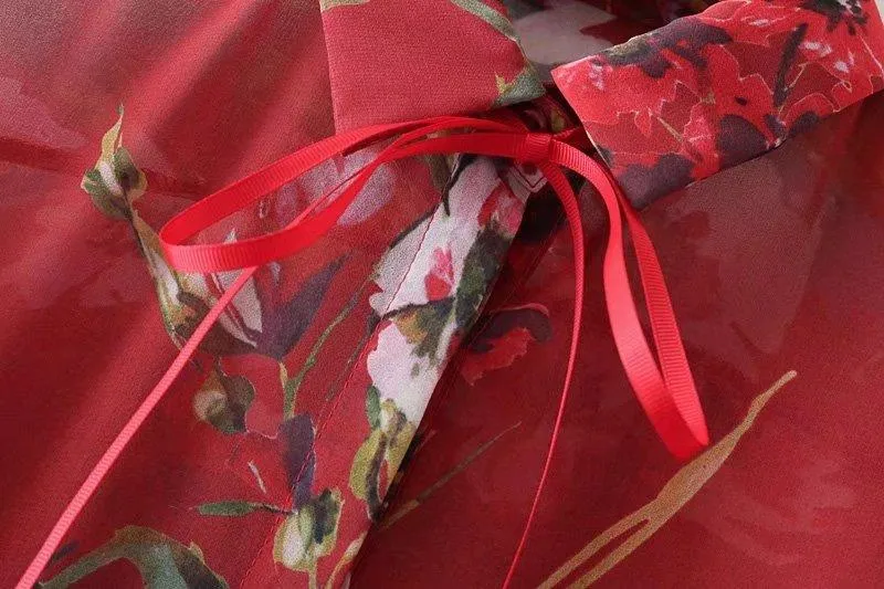 High Street Lace Up Red Floral Printing Tops