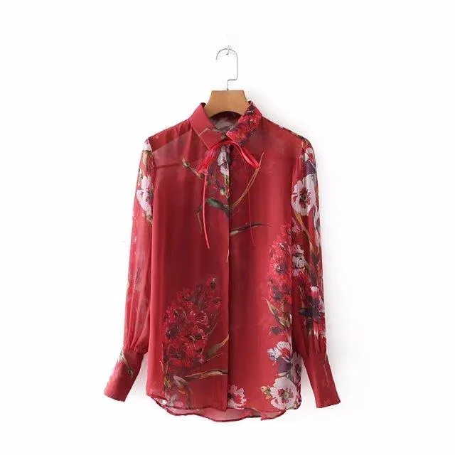 High Street Lace Up Red Floral Printing Tops