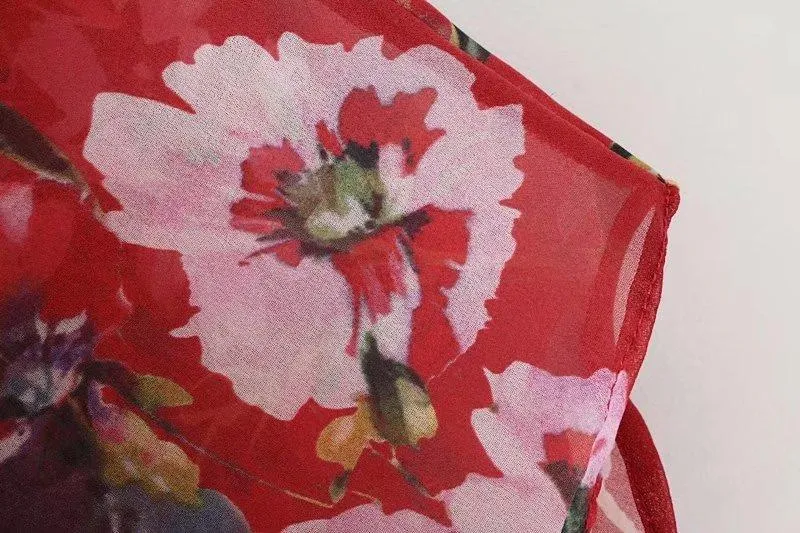 High Street Lace Up Red Floral Printing Tops