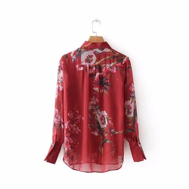 High Street Lace Up Red Floral Printing Tops